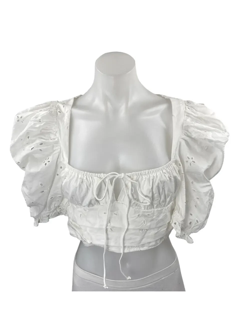NEW Zara Women's White Eyelet Embroidered Short Puff Sleeve Crop Blouse Top Sz S